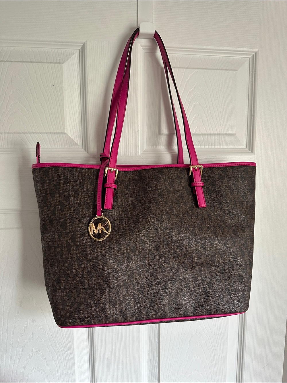 Michael Kors Brown Signature Tote with Hot Pink Trim